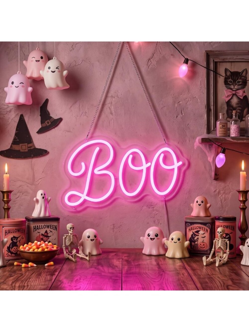 Pink Boo Neon Sign - Dimmable LED Light for Halloween Party Decor & Trunk or